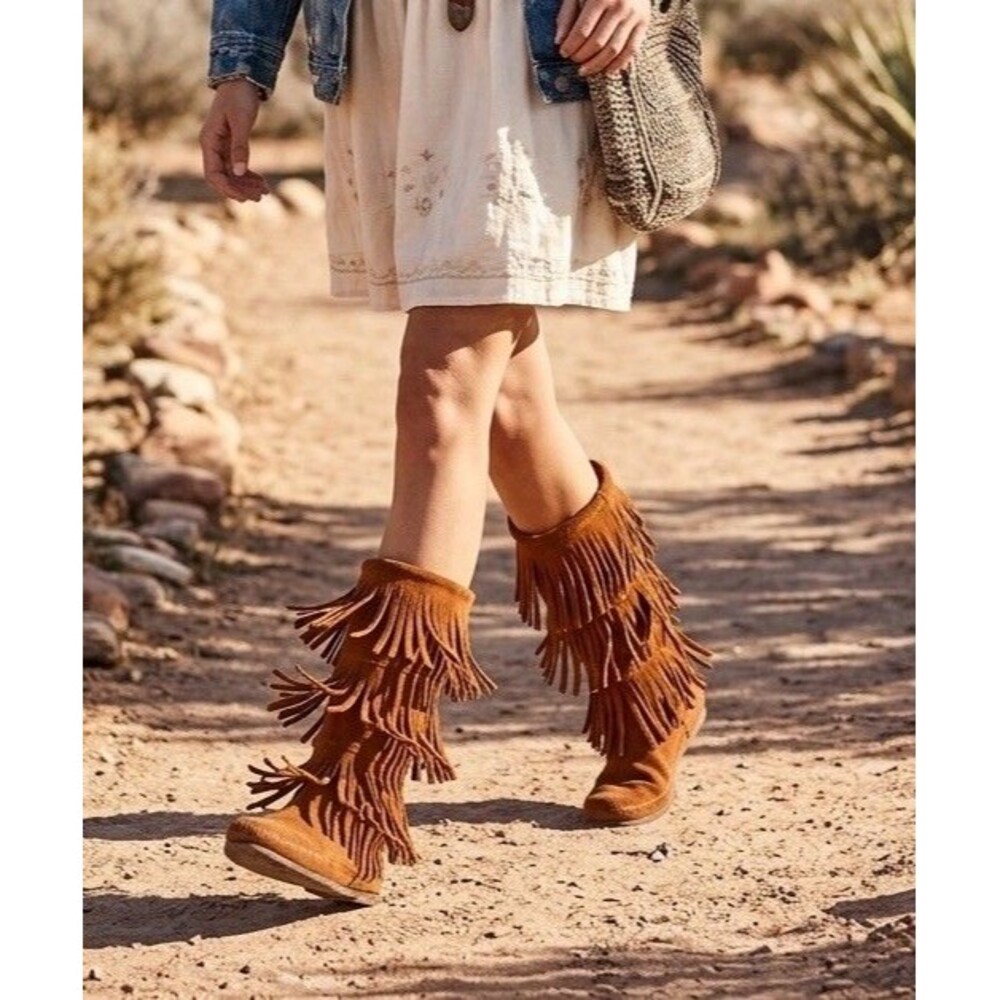 Minnetonka 3 Layer Fringe Boot Brown Suede US Women's Size 7